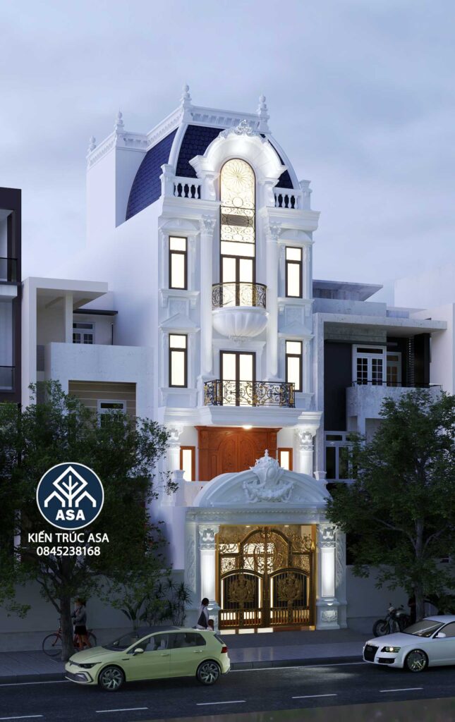 biệt thự tân cổ điển rộng 6 m dài 15m 1 trêt 3 lầu và áp mái; 