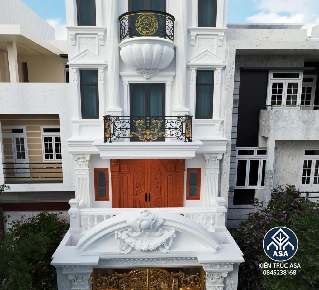 thiết kế xây dựng biệt thự tân cổ điển rộng 6m 1 trêt 3 lầu và áp mái